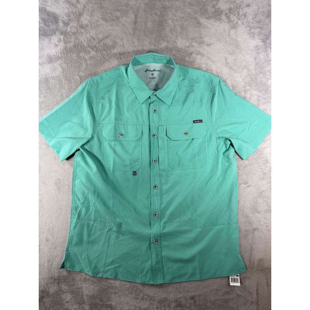 Eddie Bauer Shirt Mens Medium Green Woven Tech Short Sleeve Button Up NWT